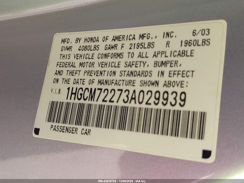 2003 Honda Accord 2.4 Lx VIN: 1HGCM72273A029939 Lot: 43835752