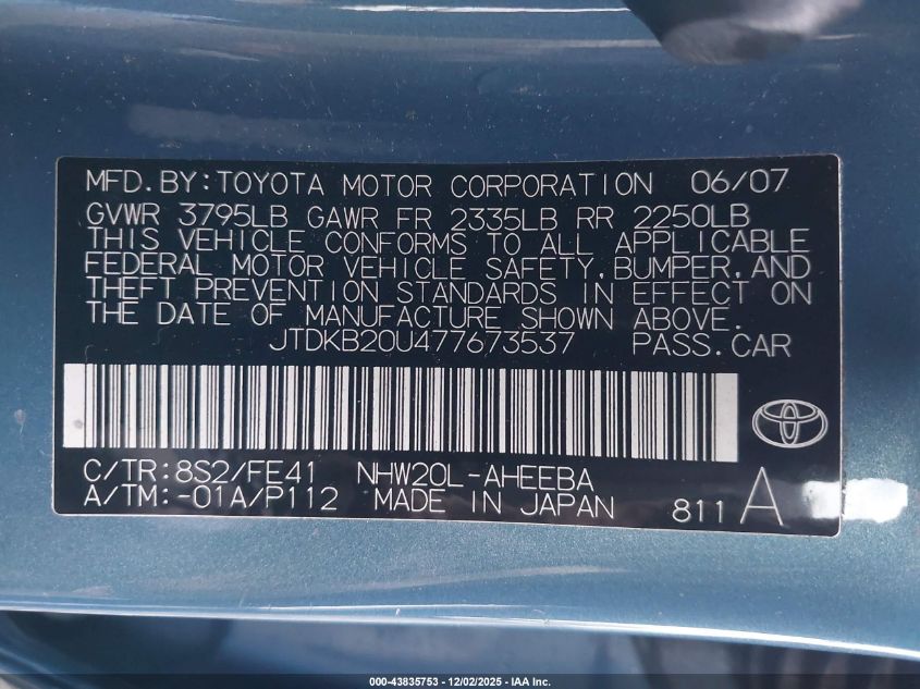 2007 Toyota Prius VIN: JTDKB20U477673537 Lot: 43835753