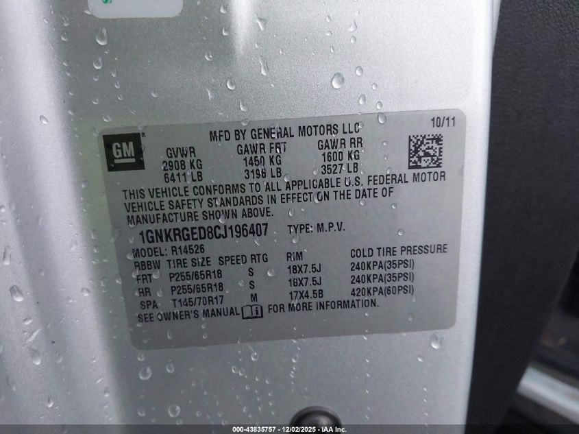 2012 Chevrolet Traverse 1Lt VIN: 1GNKRGED8CJ196407 Lot: 43835757