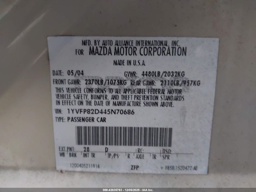 2004 Mazda Mazda6 S VIN: 1YVFP82D445N70686 Lot: 43835763