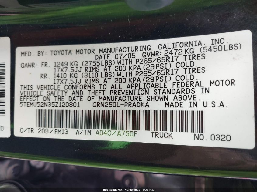 2005 Toyota Tacoma Base V6 VIN: 5TEMU52N35Z120801 Lot: 43835764