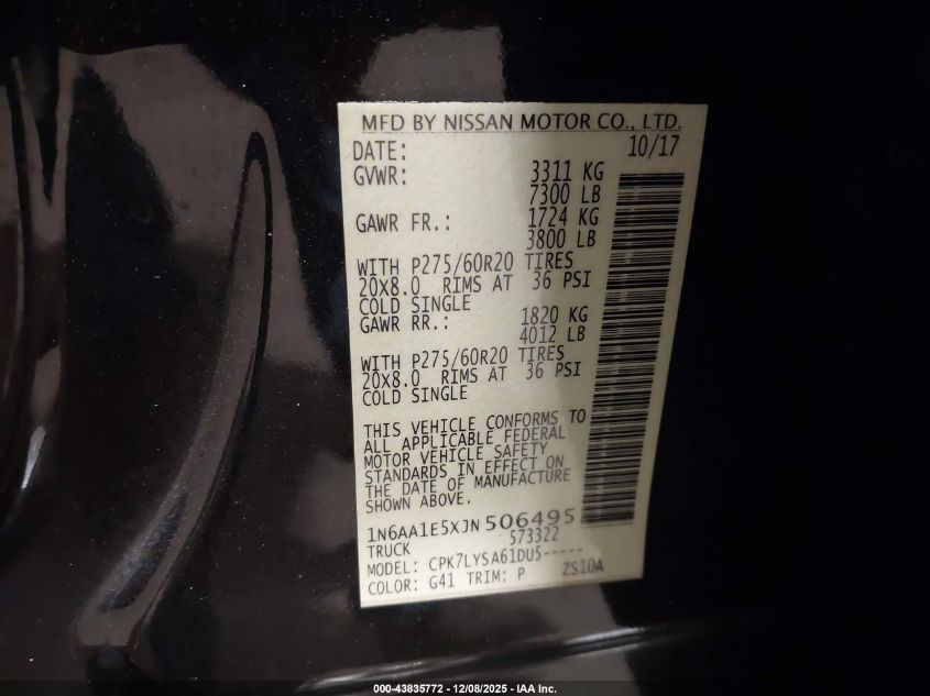 2018 Nissan Titan Platinum Reserve VIN: 1N6AA1E5XJN506495 Lot: 43835772