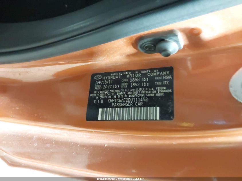 2013 Hyundai Veloster Turbo W/Black VIN: KMHTC6AE2DU111452 Lot: 43835780