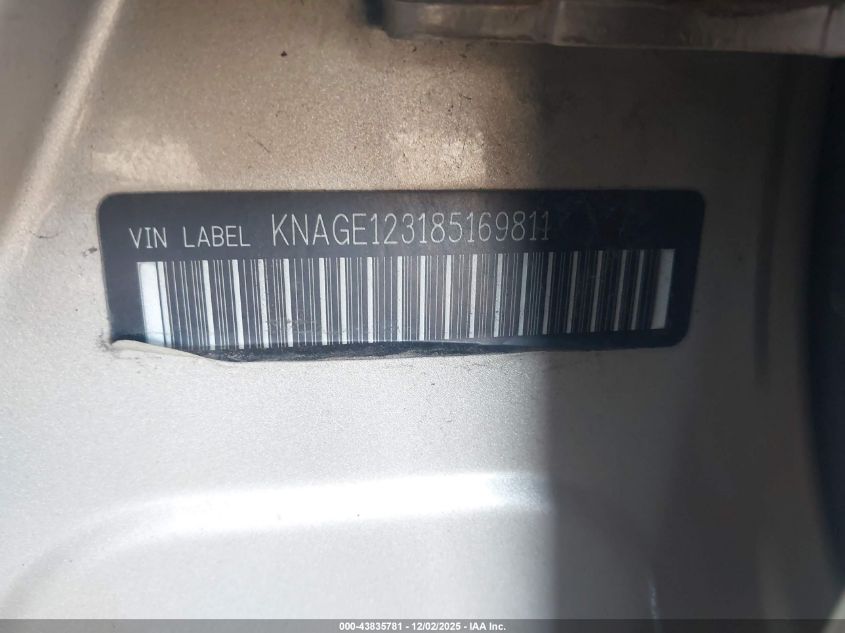 2008 Kia Optima Lx VIN: KNAGE123185169811 Lot: 43835781