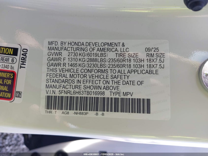 VIN 5FNRL6H63TB016998 2026 HONDA ODYSSEY EX-L