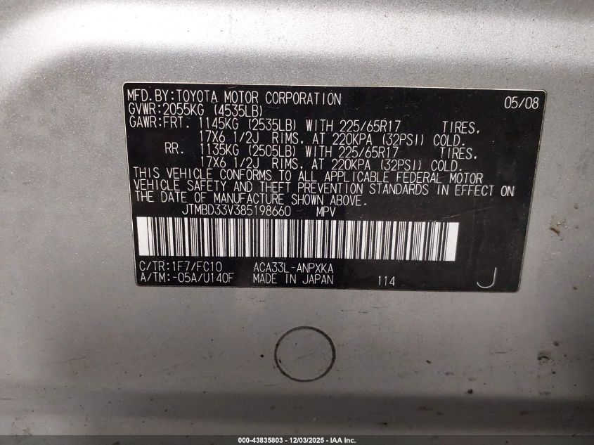 2008 Toyota Rav4 VIN: JTMBD33V385198660 Lot: 43835803