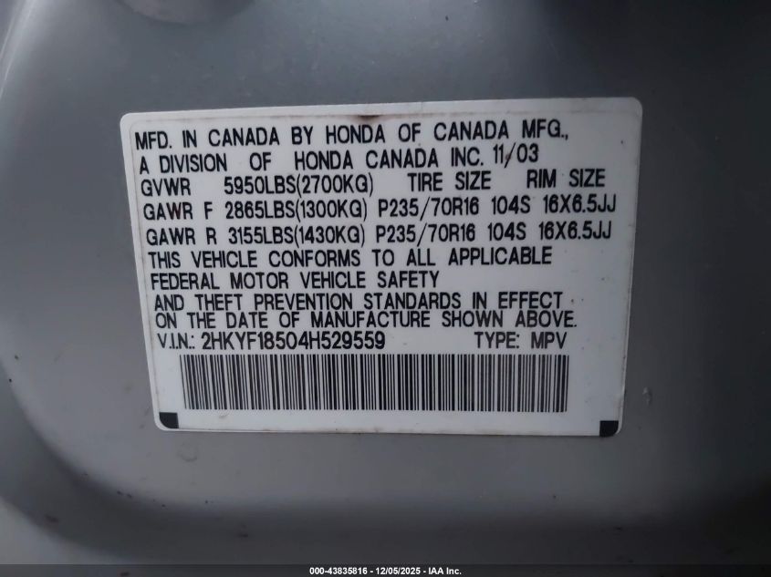 2004 Honda Pilot Ex-L VIN: 2HKYF18504H529559 Lot: 43835816