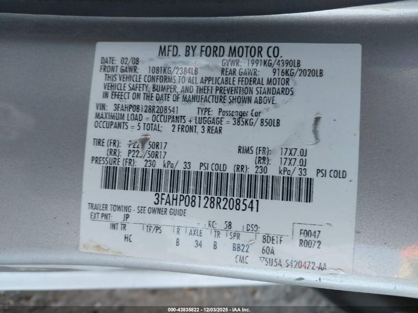 2008 Ford Fusion Sel VIN: 3FAHP08128R208541 Lot: 43835822