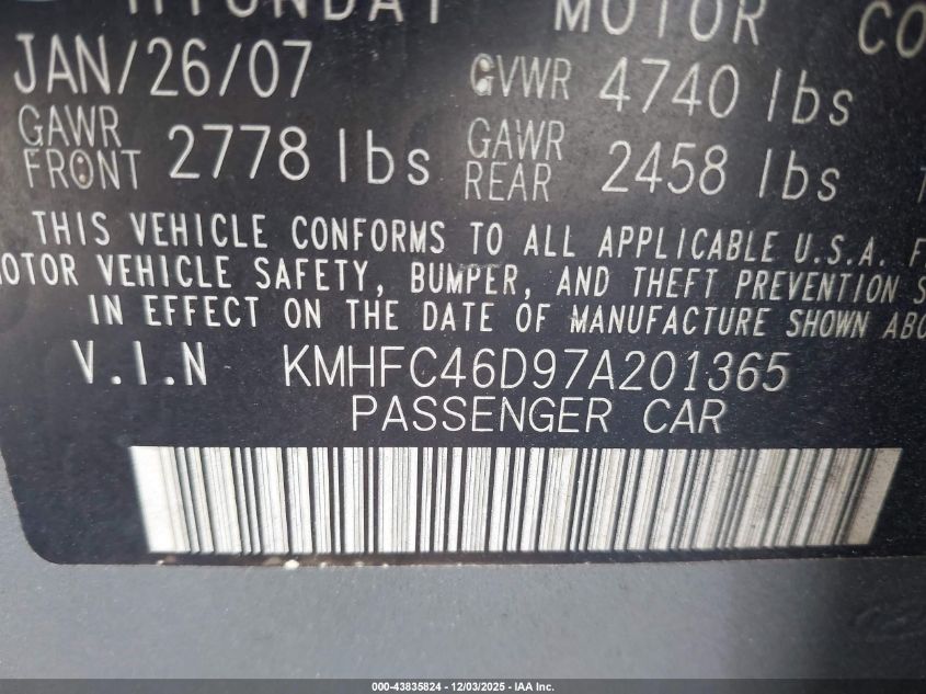 2007 Hyundai Azera Gls VIN: KMHFC46D97A201365 Lot: 43835824