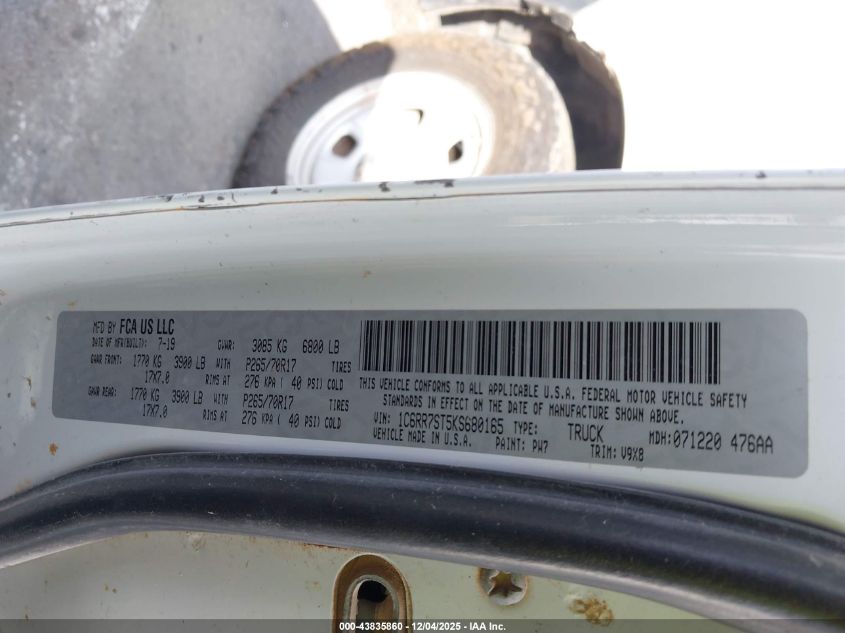 2019 Ram 1500 Classic Tradesman 4X4 6'4 Box VIN: 1C6RR7ST5KS680165 Lot: 43835860