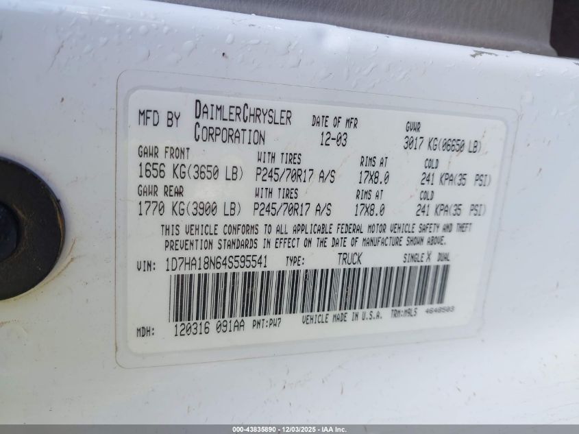 2004 Dodge Ram 1500 Slt/Laramie VIN: 1D7HA18N64S595541 Lot: 43835890