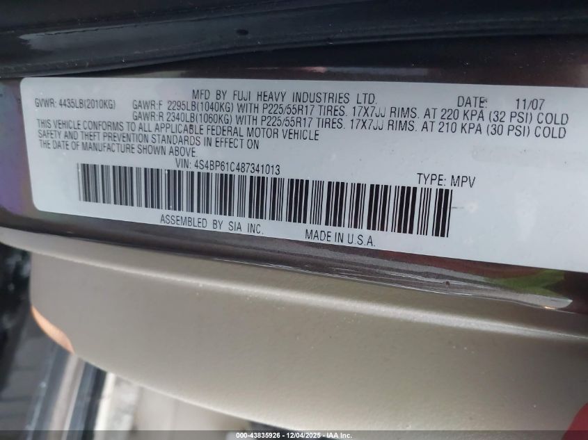 2008 Subaru Outback 2.5I/2.5I L.l. Bean Edition VIN: 4S4BP61C487341013 Lot: 43835926