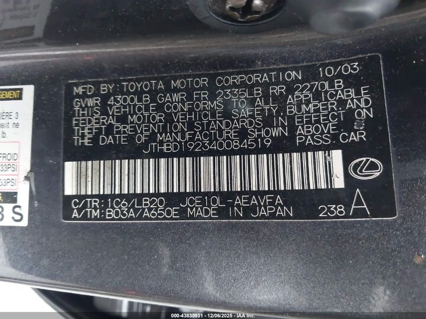 2004 Lexus Is 300 VIN: JTHBD192340084519 Lot: 43835931