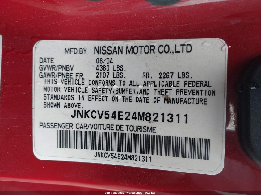 2004 Infiniti G35 VIN: JNKCV54E24M821311 Lot: 43835932