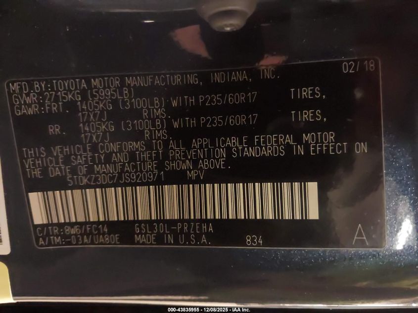 2018 Toyota Sienna Le 8 Passenger VIN: 5TDKZ3DC7JS920971 Lot: 43835955