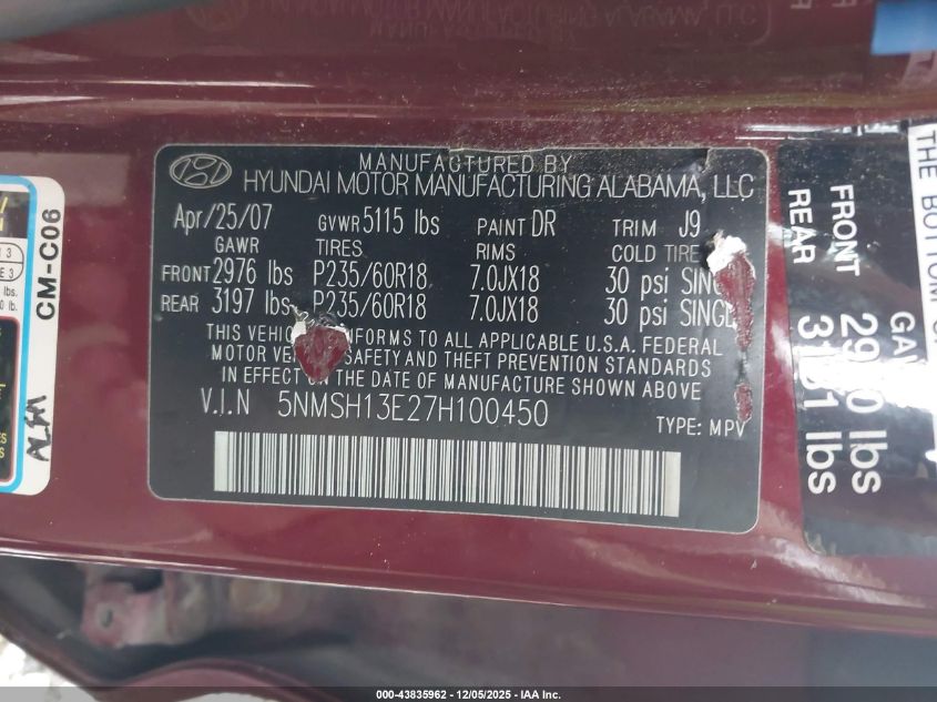 2007 Hyundai Santa Fe Limited/Se VIN: 5NMSH13E27H100450 Lot: 43835962