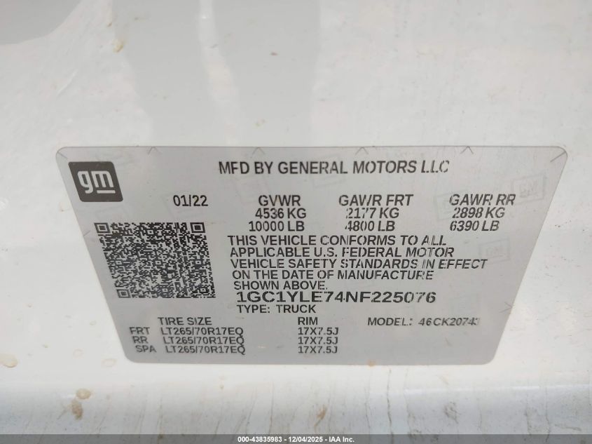 2022 Chevrolet Silverado 2500Hd 4Wd Standard Bed Wt VIN: 1GC1YLE74NF225076 Lot: 43835983