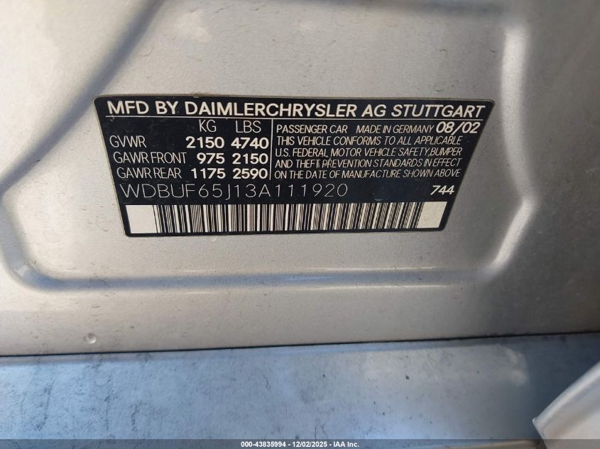 2003 Mercedes-Benz E 320 VIN: WDBUF65J13A111920 Lot: 43835994