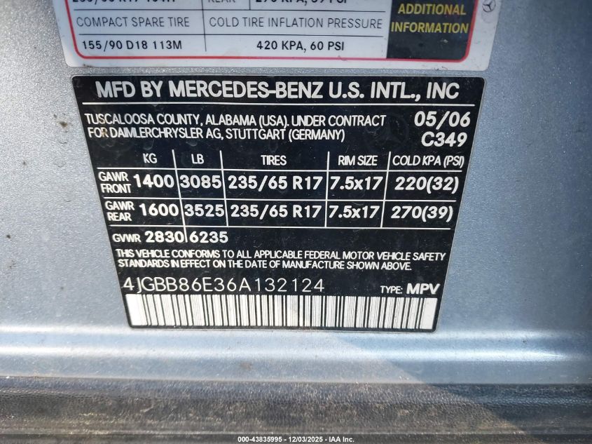 2006 Mercedes-Benz Ml 350 4Matic VIN: 4JGBB86E36A132124 Lot: 43835995