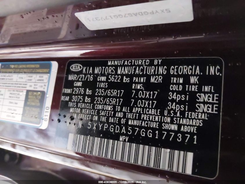 2016 Kia Sorento 3.3L Lx VIN: 5XYPGDA57GG177371 Lot: 43836009