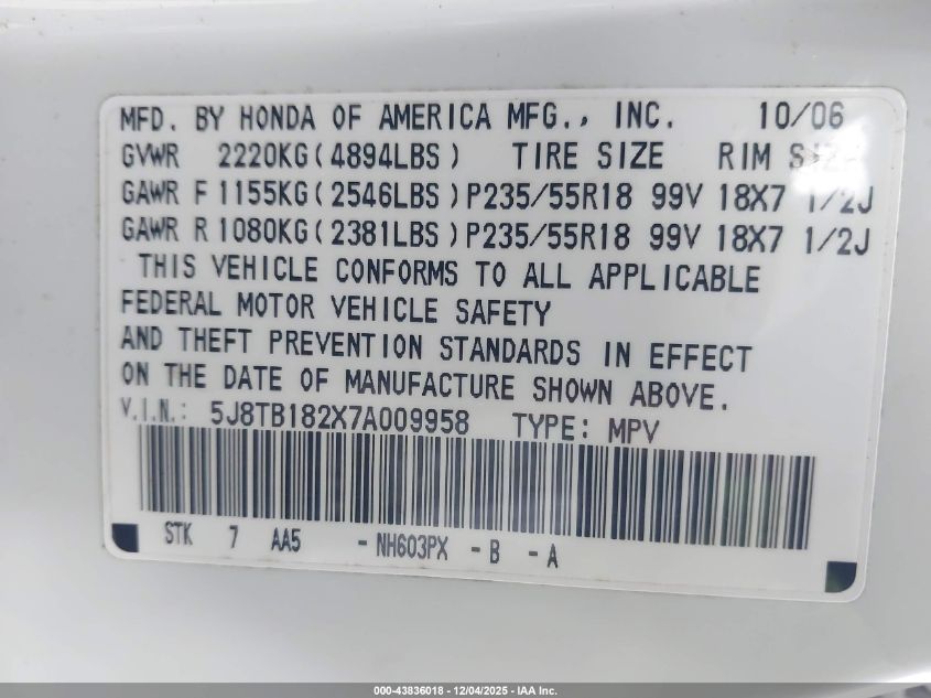 2007 Acura Rdx VIN: 5J8TB182X7A009958 Lot: 43836018