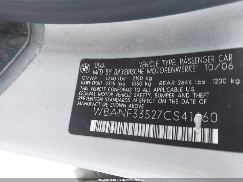 2007 BMW 525Xi VIN: WBANF33527CS41660 Lot: 43836040