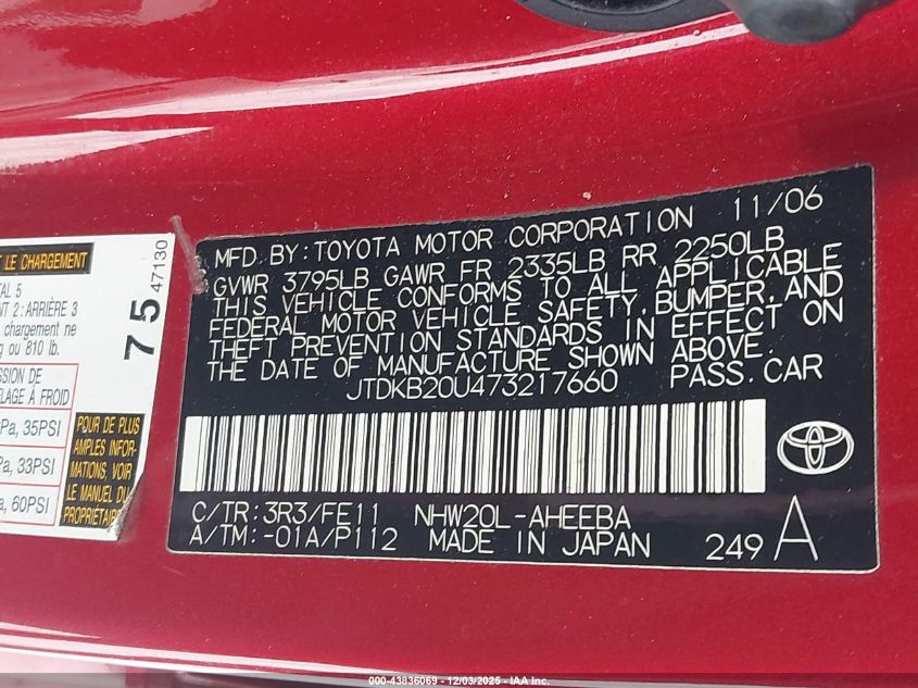 2007 Toyota Prius VIN: JTDKB20U473217660 Lot: 43836069