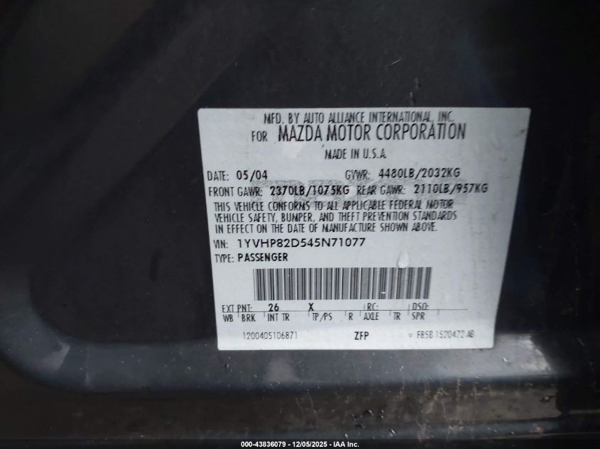 2004 Mazda Mazda6 S VIN: 1YVHP82D545N71077 Lot: 43836079