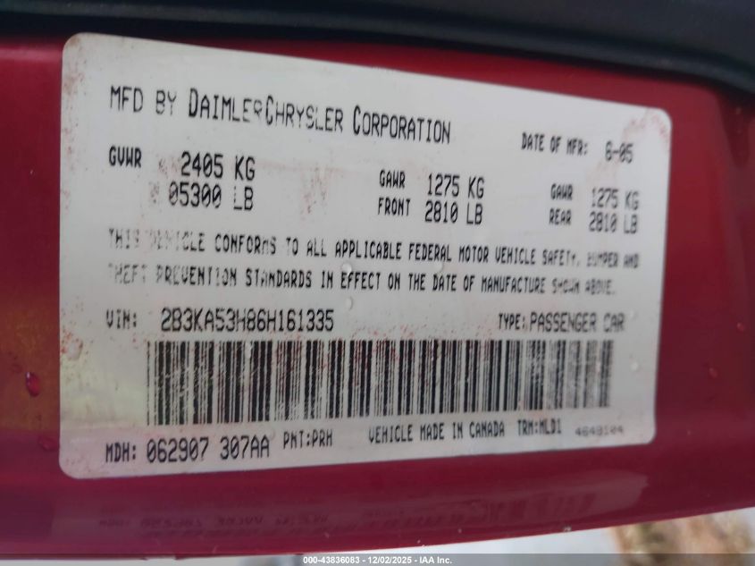 2006 Dodge Charger Rt VIN: 2B3KA53H86H161335 Lot: 43836083