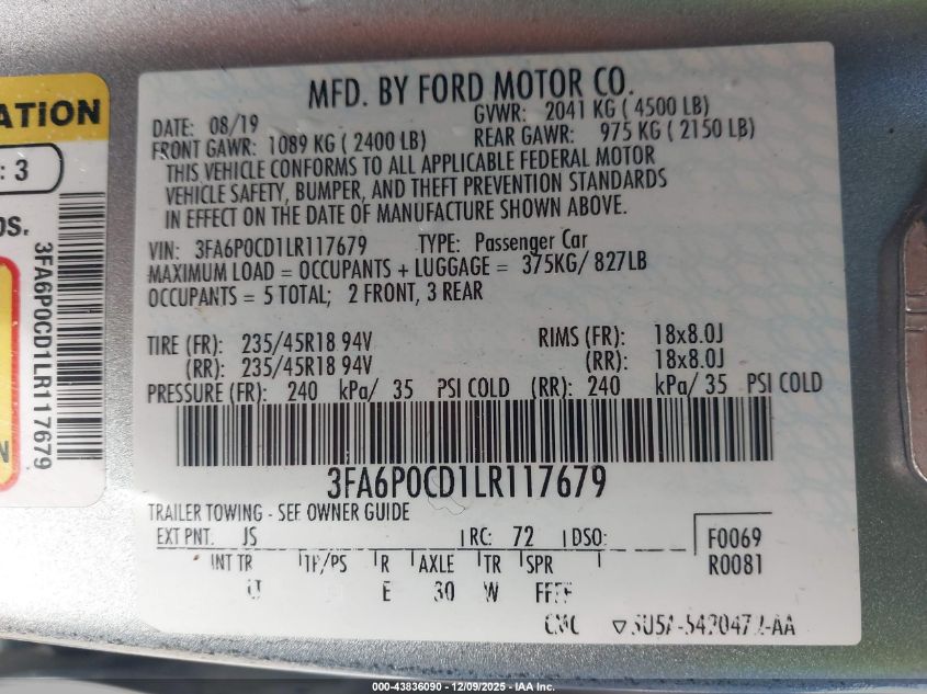 2020 Ford Fusion Sel VIN: 3FA6P0CD1LR117679 Lot: 43836090