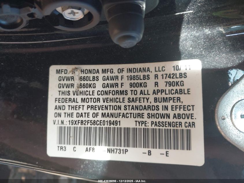 2012 Honda Civic Lx VIN: 19XFB2F58CE019491 Lot: 43836098