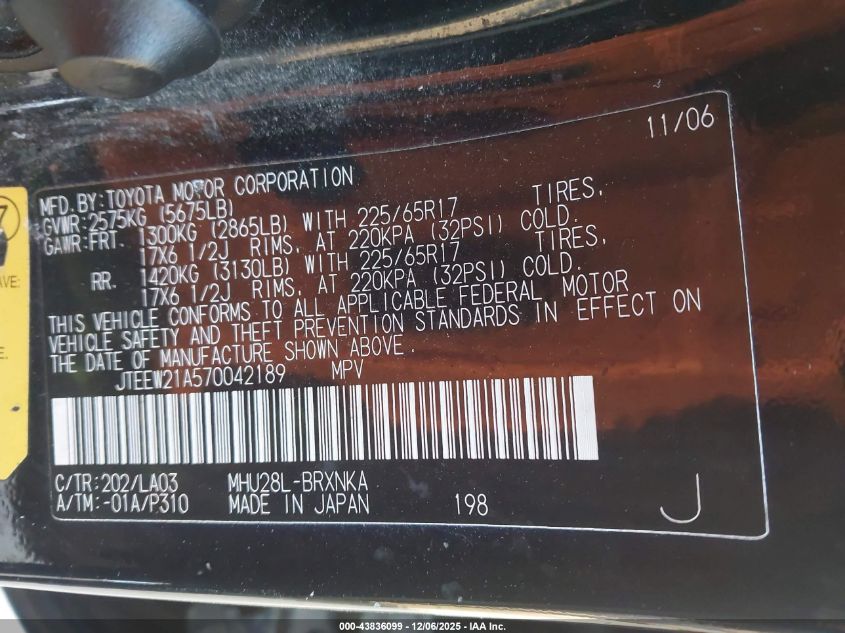 2007 Toyota Highlander Hybrid Limited V6 VIN: JTEEW21A570042189 Lot: 43836099