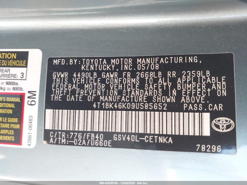 2009 Toyota Camry Le V6 VIN: 4T1BK46K09U585652 Lot: 43836100