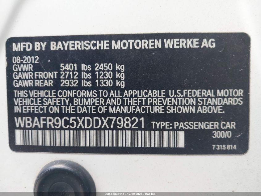 2013 BMW 550I VIN: WBAFR9C5XDDX79821 Lot: 43836111