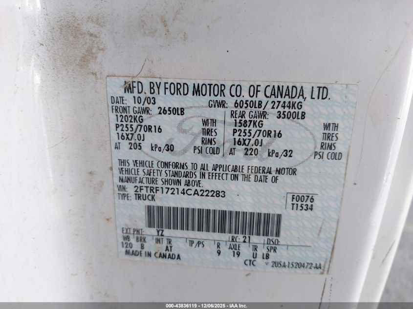 2004 Ford F-150 Heritage Xl/Xlt VIN: 2FTRF17214CA22283 Lot: 43836119