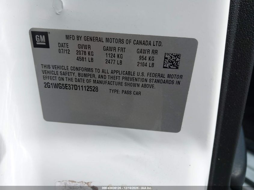 2013 Chevrolet Impala Lt VIN: 2G1WG5E37D1112528 Lot: 43836126