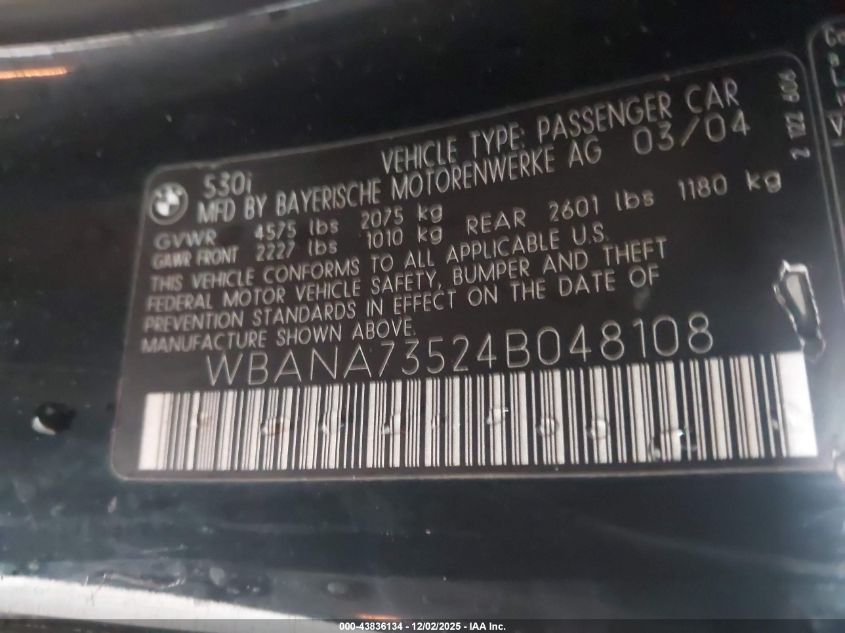 2004 BMW 530I VIN: WBANA73524B048108 Lot: 43836134
