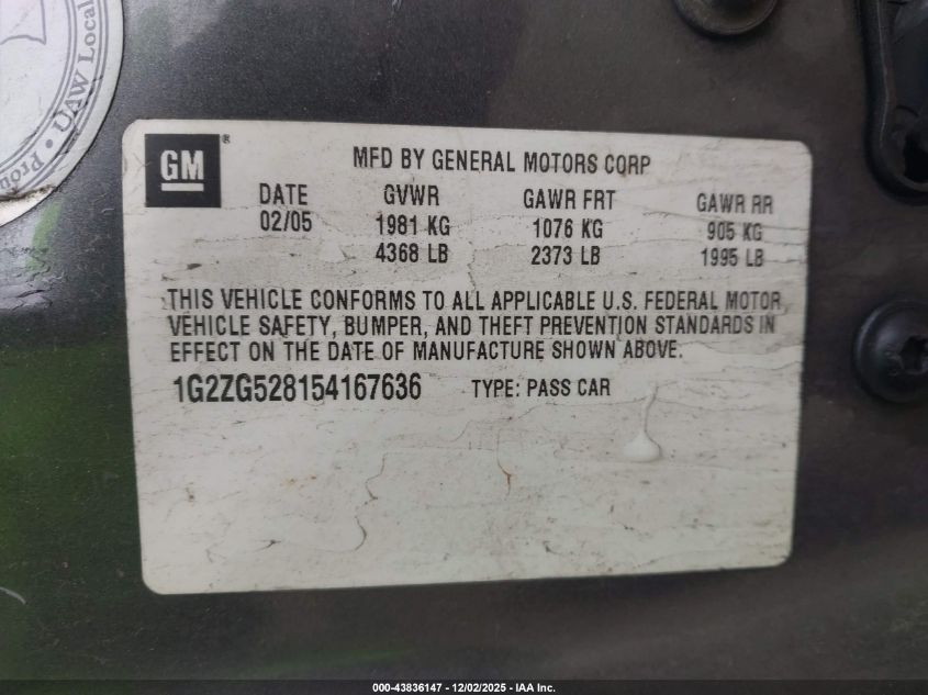 2005 Pontiac G6 VIN: 1G2ZG528154167636 Lot: 43836147