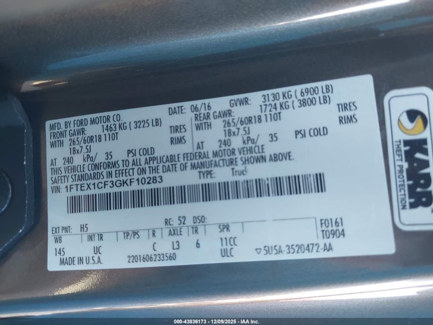 2016 Ford F-150 Xlt VIN: 1FTEX1CF3GKF10283 Lot: 43836173