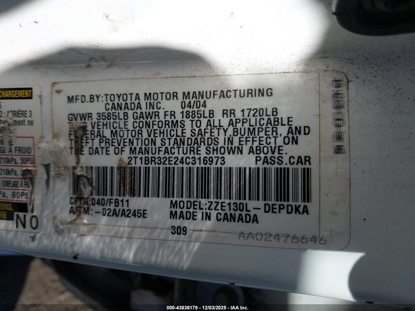 2T1BR32E24C316973 2004 TOYOTA COROLLA photo no. 9