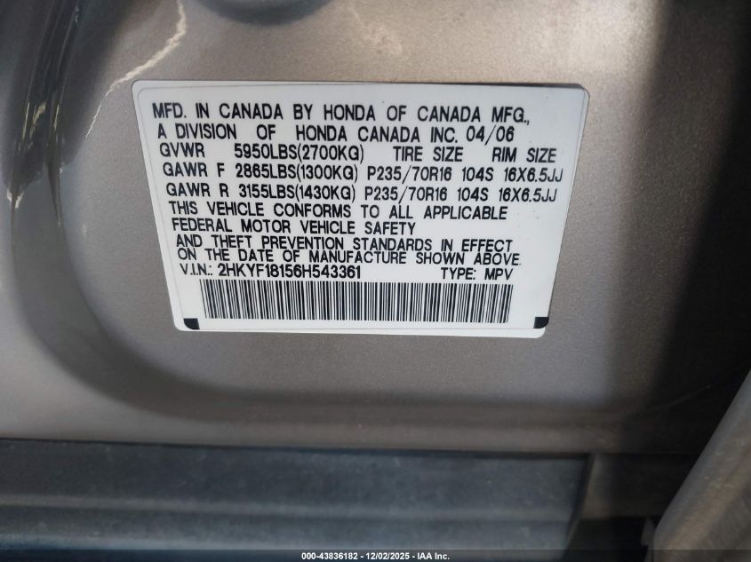 2006 Honda Pilot Lx VIN: 2HKYF18156H543361 Lot: 43836182