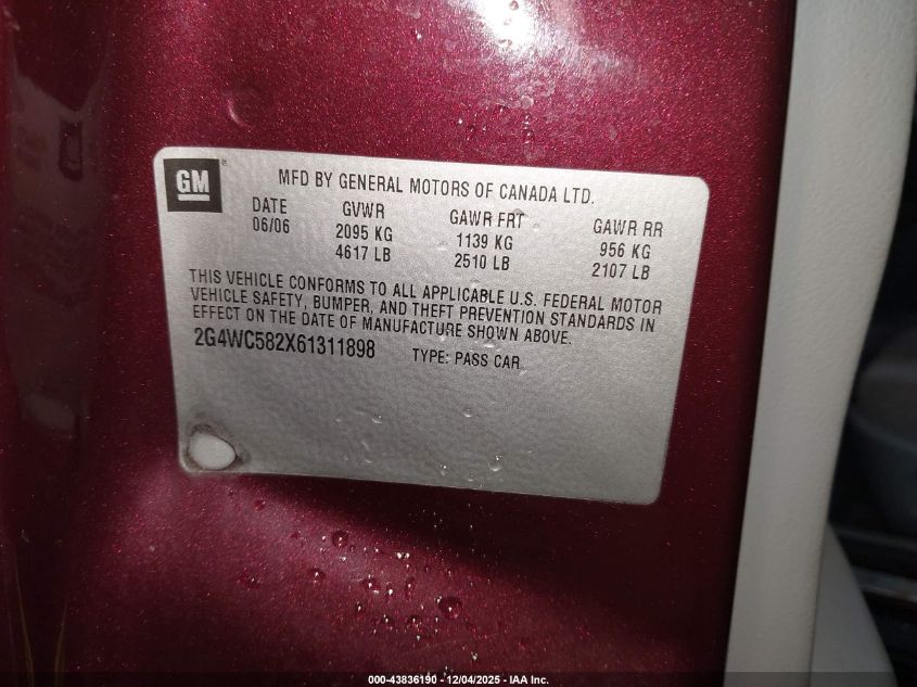 2006 Buick Lacrosse Cx VIN: 2G4WC582X61311898 Lot: 43836190