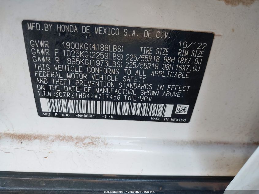 2023 Honda Hr-V 2Wd Sport VIN: 3CZRZ1H54PM717456 Lot: 43836203