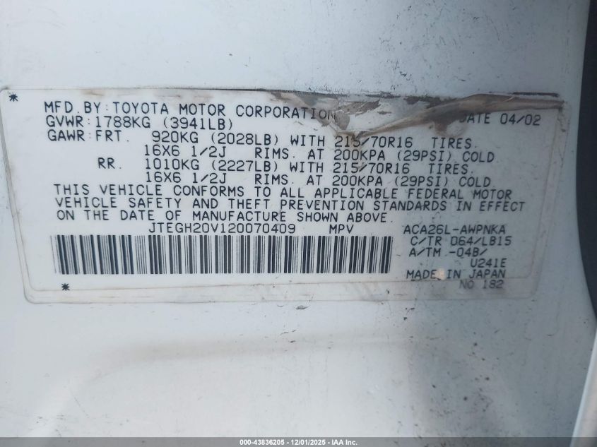 2002 Toyota Rav4 VIN: JTEGH20V120070409 Lot: 43836205