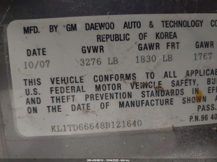 2008 Chevrolet Aveo 5 Special Value VIN: KL1TD66648B121640 Lot: 43836218
