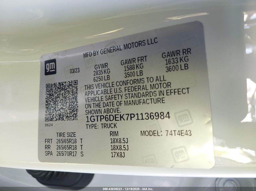 2023 GMC Canyon 4Wd Short Box At4 VIN: 1GTP6DEK7P1136984 Lot: 43836223