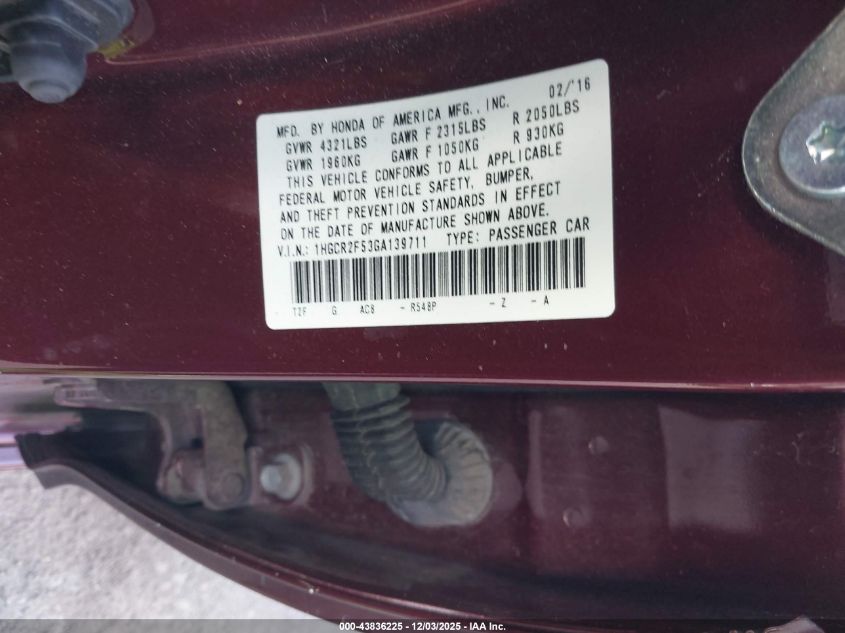 2016 Honda Accord Sport VIN: 1HGCR2F53GA139711 Lot: 43836225