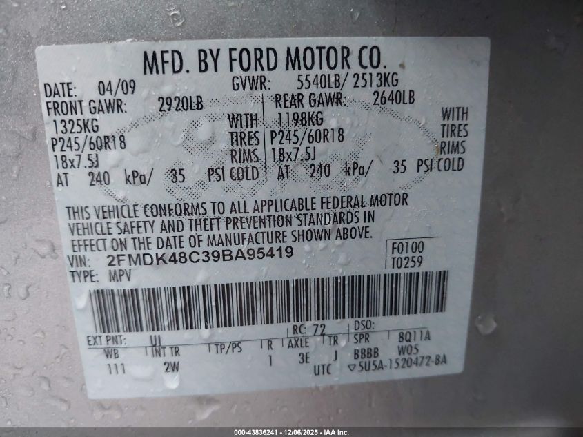 2009 Ford Edge Sel VIN: 2FMDK48C39BA95419 Lot: 43836241