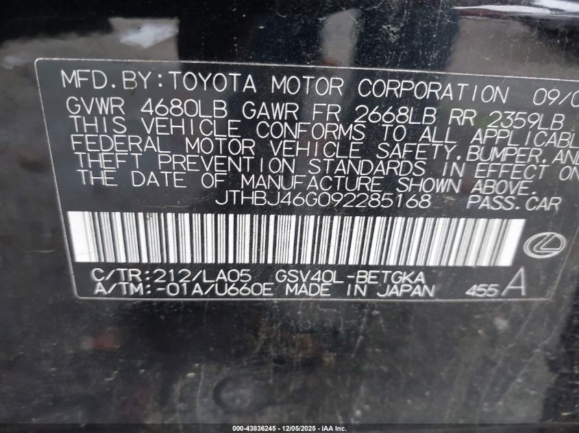 2009 Lexus Es 350 VIN: JTHBJ46G092285168 Lot: 43836245