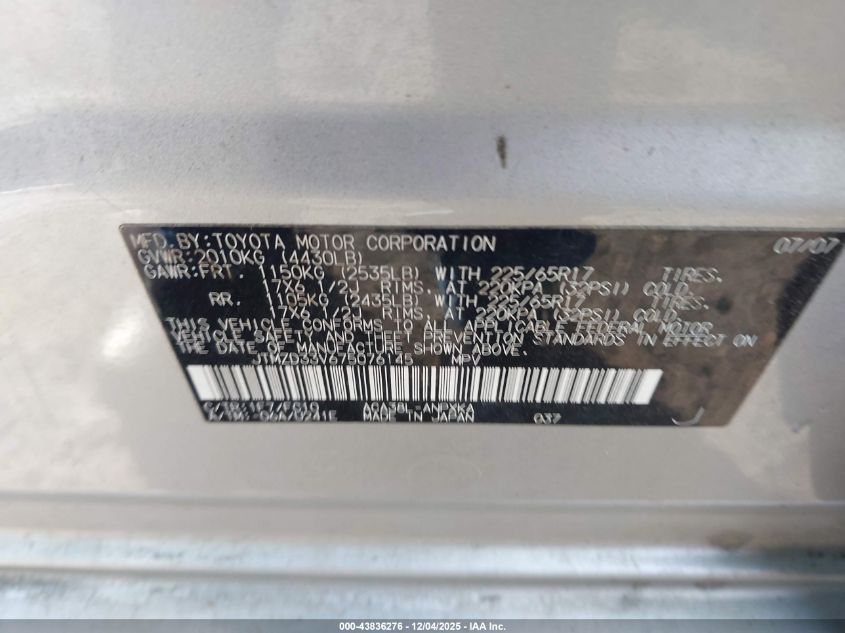 2007 Toyota Rav4 VIN: JTMZD33V675076145 Lot: 43836276